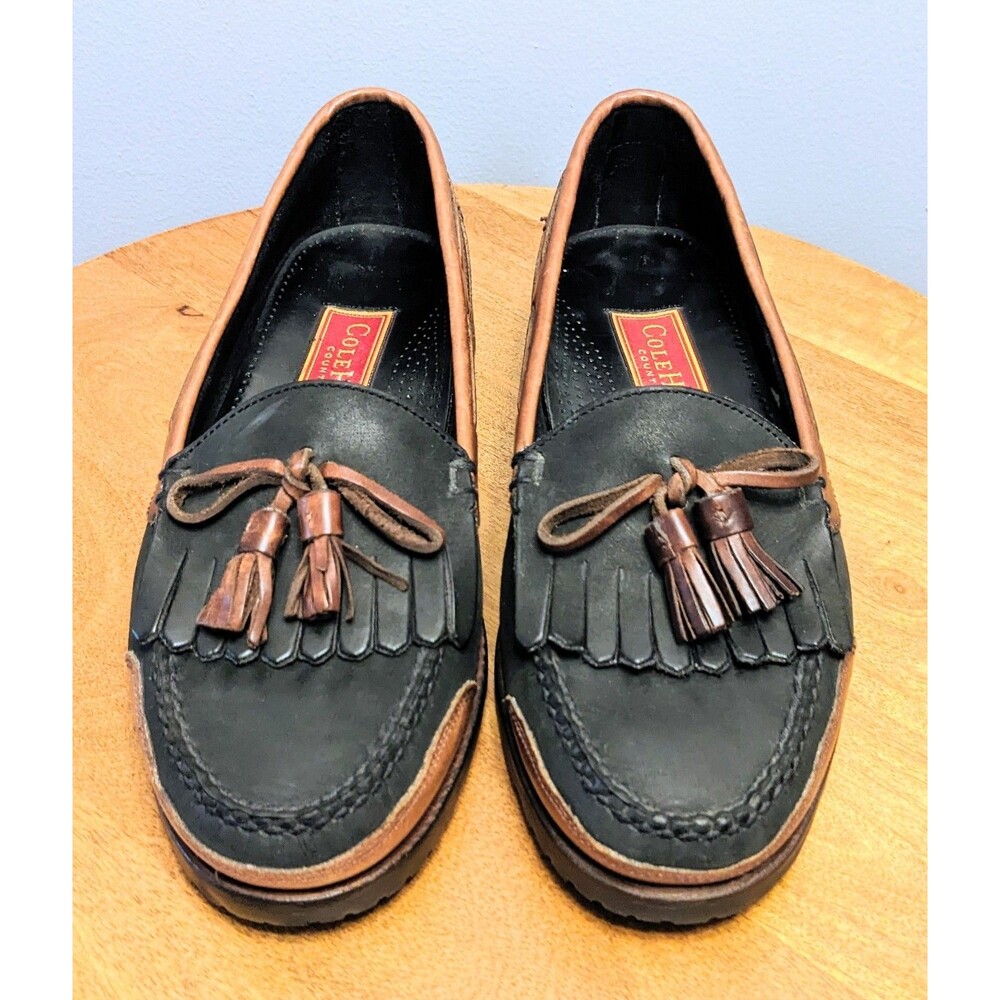 Cole Haan Country Mens 9M Black & Brown Leather Kilt Tassel Slip On Loafers 1335